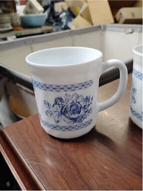 Arcopal France Honorine Coffee Tea Cup Mug Blue White Floral Roses Milk Glass